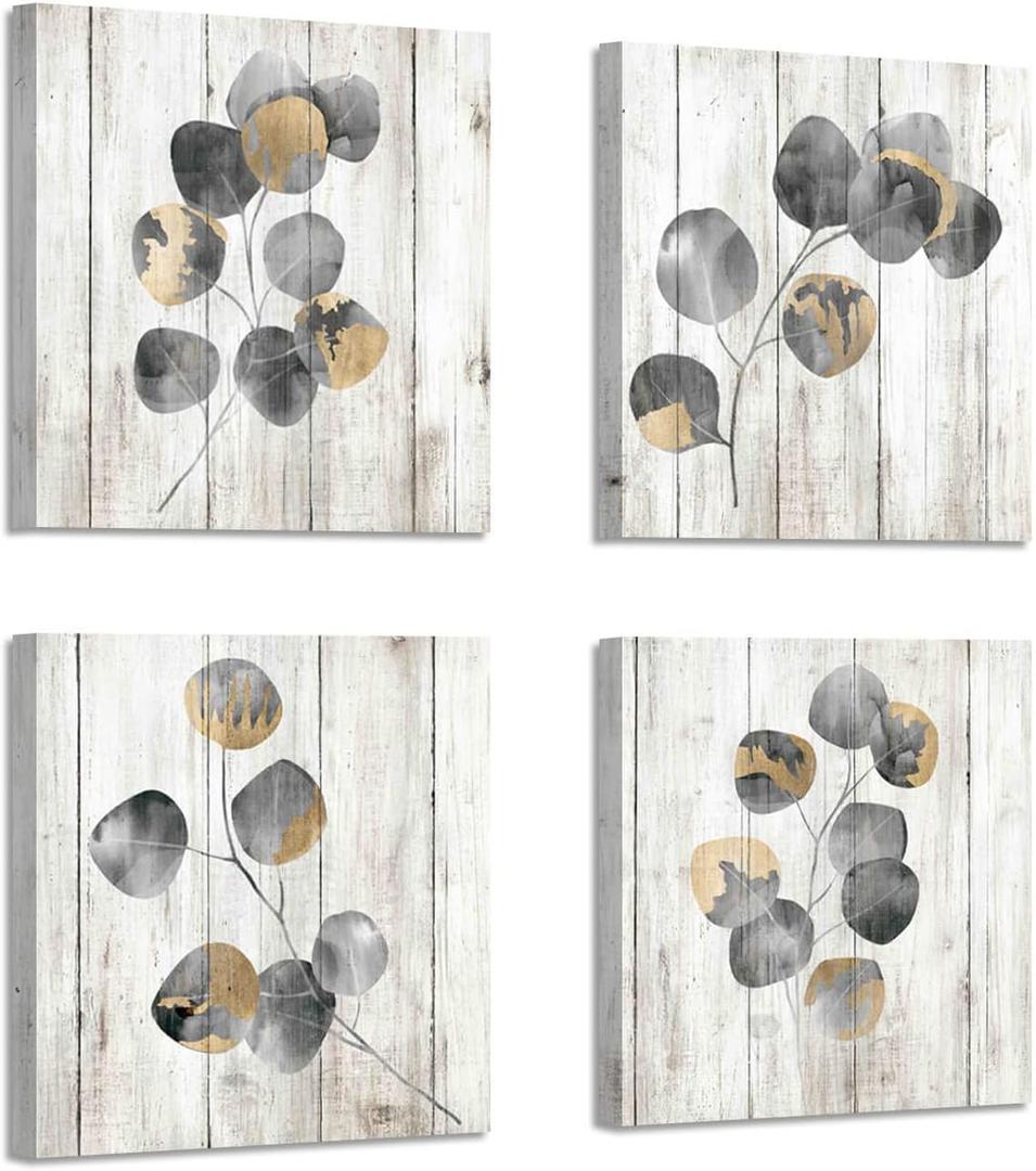 Leaf Canvas Picture Wall Art: Botanical Plant Leaves with Wooden Texture Painting Artwork for Bedrooms Kitchen (16" Wx16 Hx4 PCS, Multi-Sized) (Brown)