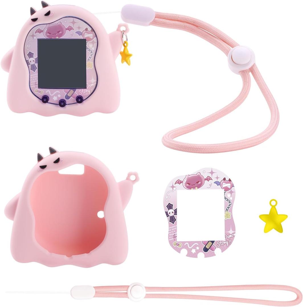 Silicone Case for Tamagotchi Uni, Soft TPU Protective Cover with Screen Decoration Protector and Adjustable Wrist Strap - Little Devil (Pink)
