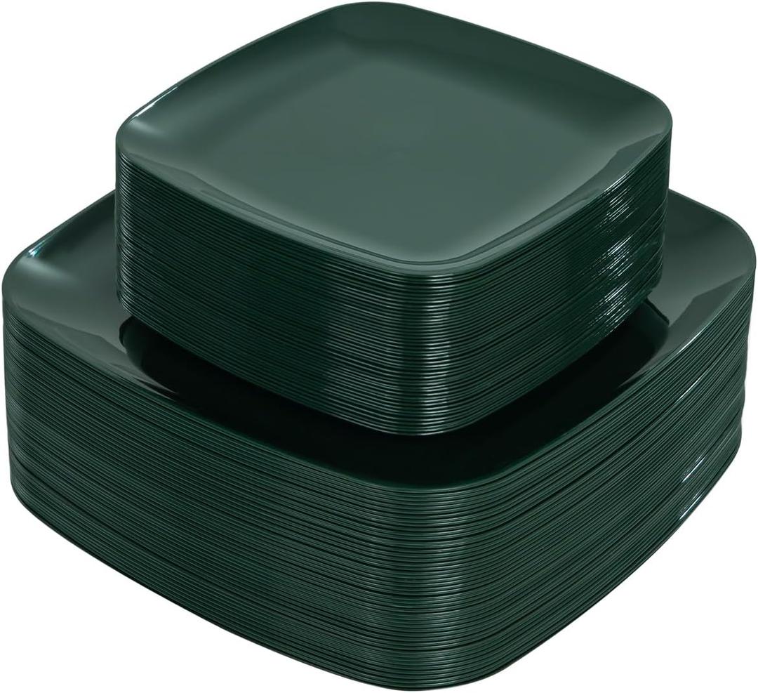 PULOTE 100PCS Green Plastic Plates - Green Square Disposable With Gold Rim - Include 50 Dinner 10inch, 50 Dessert 7.25inch Plates for Party&Christmas