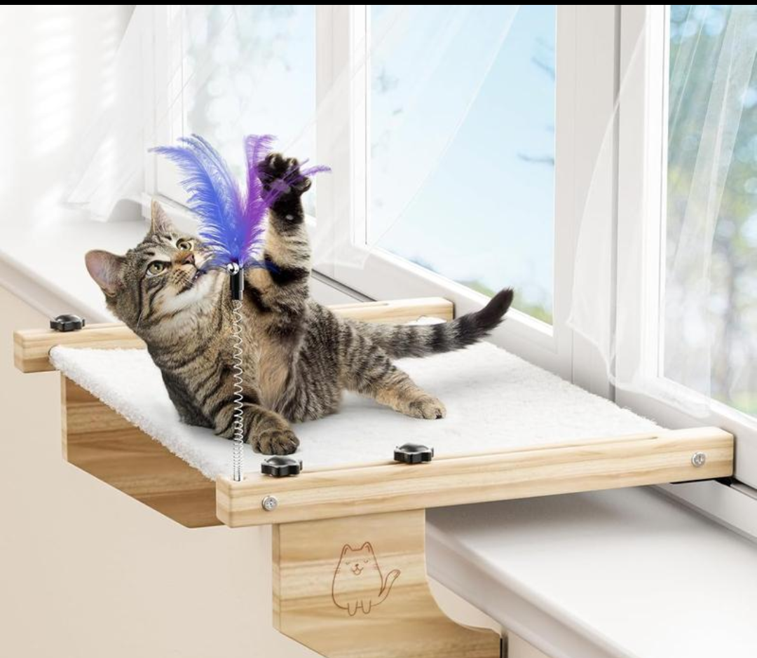 BETOPET Cat Window Perch Large - 21.7'' Cats Window Hammock/Bed with Feather Toy, Premium Hardwood and Robust Metal Straight Rod Frame for Windowsill, Bedside, Drawer and Cabinet