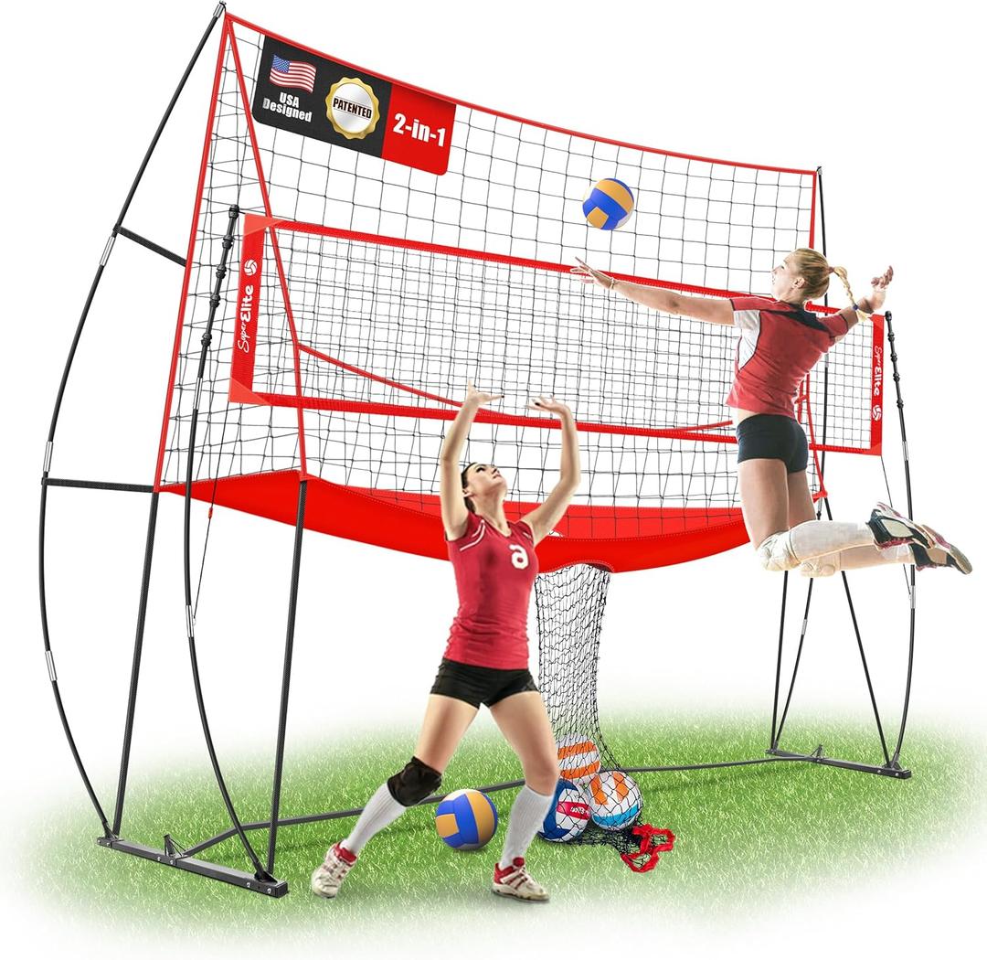 2-in-1 Volleyball Practice Net Station with Patented 5-Height (6'6'' to 8'), Heavy Duty Training System for Hitting Spiking Serving, Backyard Indoor Outdoor Trainer Equipment