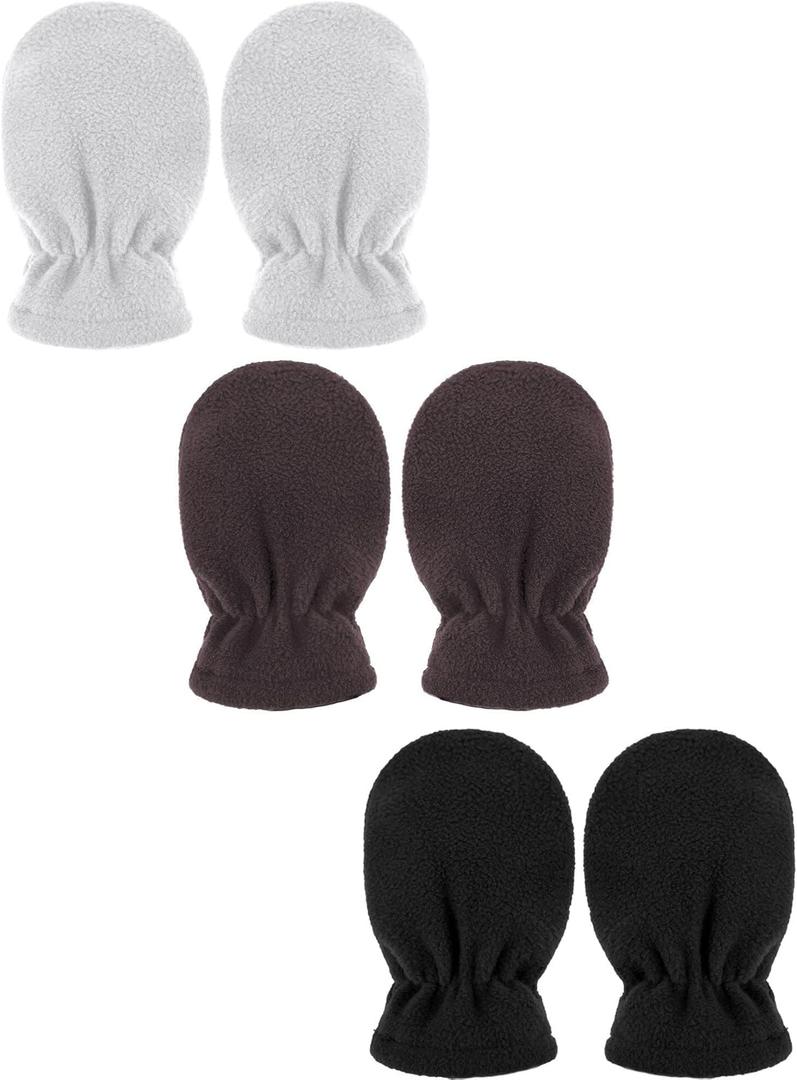 SATINIOR 3 Pairs Baby and Toddler Winter Mittens Kids Fleece Warm Mittens for Baby Boy Girl (0-6 Months, White, Coffee, Black)