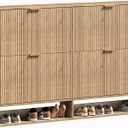 Hootata 47.2W Oak Shoe Storage Cabinet for Entryway with 4 Flip Drawers, Fluted Slim Shoe Cabinet, Free Standing Wooden Shoes Organizer for Foyer, Hallway