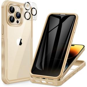 CENHUFO Privacy for iPhone 14 Pro Case, Full Body Phone Case with Built-in 9H Tempered Glass Privacy Screen Protector and Camera Lens Protector, Anti Peep Spy Shockproof Bumper Clear Cover - Beige