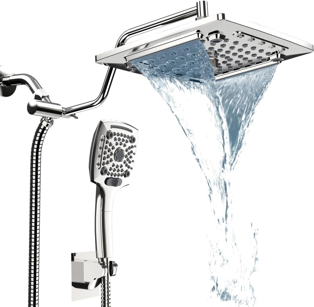 ELLO&ALLO Rain Shower Head with Handheld Spray, Rainfall Shower Head Combo with 60" Hose, Dual Showerhead Set with Adjustable Shower Extension Arm, Chrome