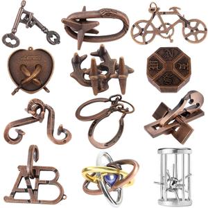 12Pcs Brain Teaser Puzzles for Adults and Teens, 3D Metal Puzzle Set with Various Difficulty Levels, IQ Logic Challenge Disentanglement Game, Fun Handheld Brain Teasers for Focus, Gifts for Boys Girls