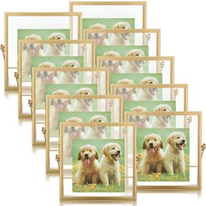 Hoteam 12 Pack 6 x 6 Inch Gold Floating Frame for Photo 4 x 4 Inch, Glass Floating Picture Frame Collection Vintage Metal Minimal Ornate Easel for Wedding Gift Pictures Photos Desk Tabletop Display
