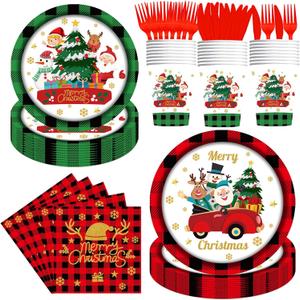 144Pcs Christmas Party Supplies, Christmas Plates and Napkins Set for 24 Guests, Merry Christmas Party Tableware Set for Buffalo Plaid Xmas Party Supplies Santa Christmas Dinner Party Decorations