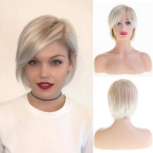 Baruisi Short Blonde Wigs for White Women Synthetic Side Part Straight Bob Wig Halloween Party Cosplay Hair with Cap