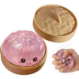Dumpling Squishies Toy, Giant Glitter Dumpling, Colorful Steamed Bun Stress Balls Fidget Sensory Toy,Squeeze Dough Ball Stress Relief Hand Toys with Food Steamer Stretchy Desk Toys (Glitter Pink)
