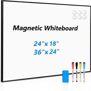 Magnetic Whiteboard, 24'' x 18'' White Board Dry Erase Board for Wall, Hanging Black Aluminum Frame Wipe Board for Home, Office, School