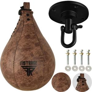 Speed Ball Boxing Bag Leather MMA Muay Thai Training Punching Dodge Striking Kit with Free Hanging Swivel Workout Speedball Kicking Platform Equipment (Black)