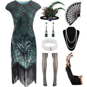 Women's Flapper Dresses 1920s Sequin Fringe Beaded Cocktail Crew Neck Dress Roaring 20s Accessories Vintage Lace Fan Headband (Medium, Black Green)