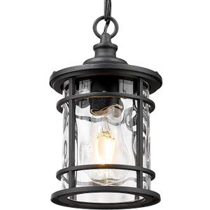 Emliviar 10.2" Hanging Lantern Light for Outside, Modern Outdoor Pendant Lighting Chandelier with Adjustable Chain, Black Porch Light with Water Ripple Glass, XE229H-S WG BK