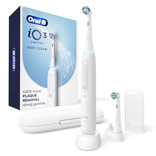 Oral-B Rechargeable Electric Toothbrush, iO3 Limited Deep Clean, 3 Cleaning Modes, Visual Pressure Sensor to Protect Gums, 2 Brush Heads, Travel Case, White