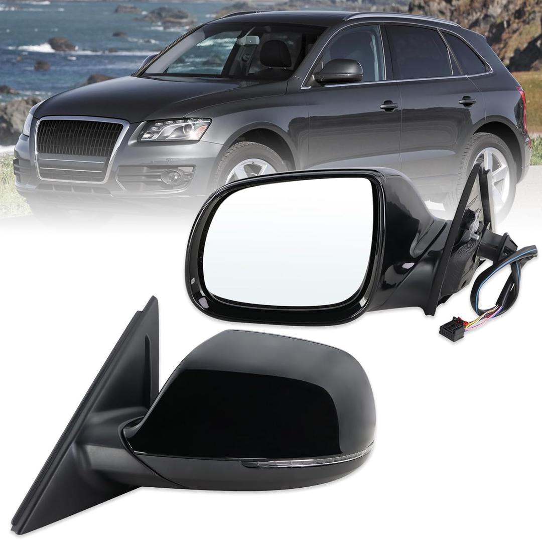 Left Driver Side Mirror Compatible With 2009 2010 2011 2012 2013 2014 2015 2016 2017 Audi Q5 With Power Folding Power Glass Heated Puddle Light Turn Signal Black Replace#8R1857409K01C(9Pins)