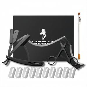 Megan beard shaping tool,5 piece set beard shaper for man - include professional straight edge razor,template guide,10 count of double edge blades,barber pencil and stainless steel scissors.