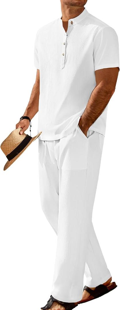 COOFANDY Men's 2 Pieces Set Short Sleeve Casual Henley Shirts Beach Yoga Pants Summer Beach Outfit (L)