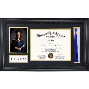 GMFrames Class of 2025 2026 Diploma Frame with Tassel Holder for 8.5x11 Certificate and 5x7 Photo,Solid Wood,Tempered Glass,Black over Gold Mat, 12x21 for 8.5x11, 5x7 with Tassel