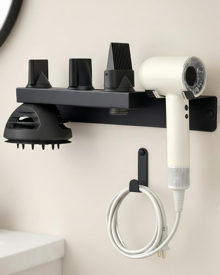 Hair Dryer Holder Wall Mount for Dyson, Blow Dryer Holder Compatible with Dyson Accessories, Stainless Steel Hair Dryer Stand Holds Up to 5 Attachments, Bathroom, Black