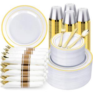BESTVIP 700PCS Gold Plastic Dinnerware Set for 100 Guests, Disposable Plates for Party, Include: 200 Plastic Plates, 100 Pre Rolled Napkins with Gold Silverware, 100 Cups for Christmas, Halloween
