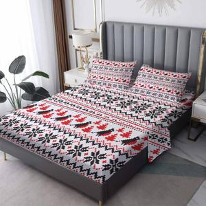 Christmas Holiday Sheets King Size, Xmas Bed Sheets & Bedroom Decor, New Year Sheet Set 4 Piece - 12 Inch Deep Pocket Fitted Sheet,1 Flat Sheet, 2 Pillowcases, Microfiber (Red and Black)