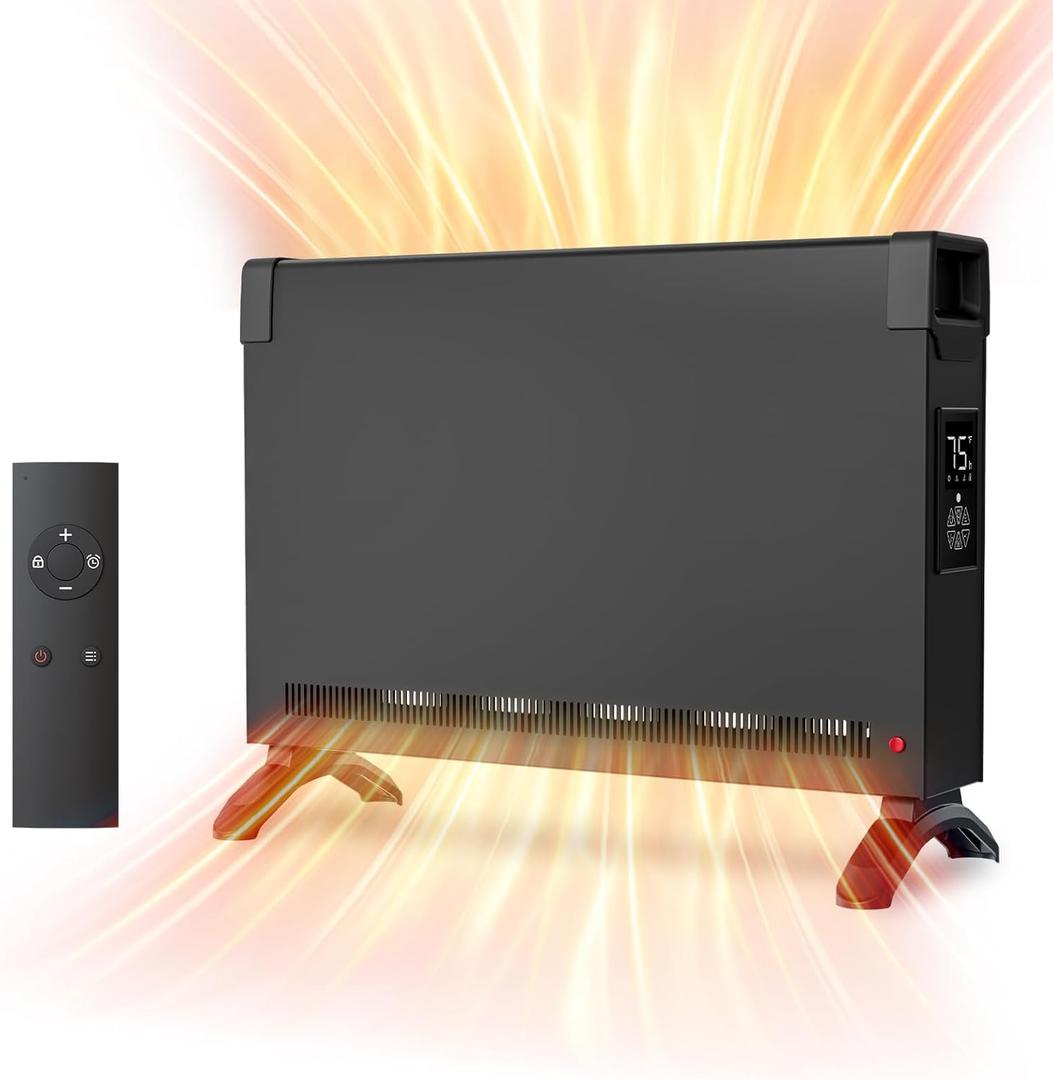 BREEZEHEAT Convection Panel Heater 1500W, Energy Efficient Electric Space Heater for Indoor Use w/Remote Control, Silent Operation, Slim Design for Large Room, Home Office (Black)