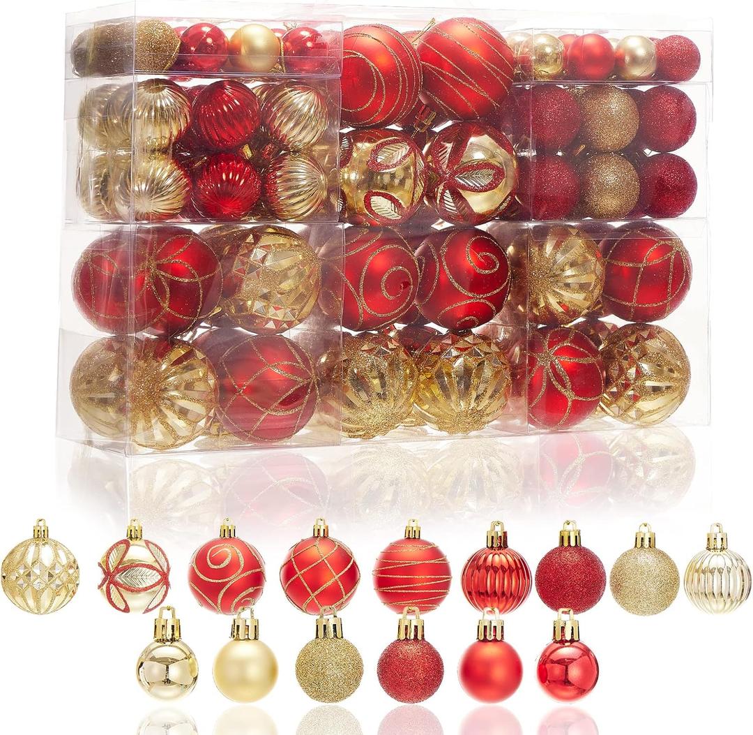 100Pcs Elegant Christmas Ball Set Christmas Tree Ornaments with Glitter and Patterns Bulk Ornaments for Tree as Festive Christmas Decor Xmas Ball Set Red Gold