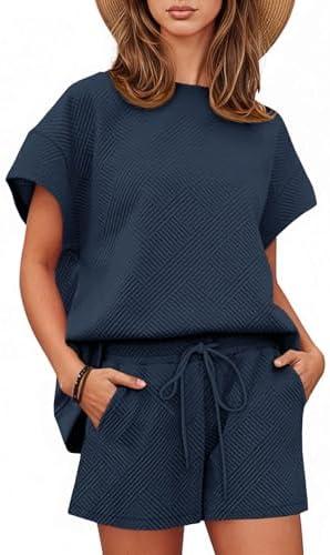 Tankaneo Womens Loungewear Set Short Sleeve Tops and Shorts 2 Piece Outfits Matching Lounge Pajama Set with Pockets, S, Navy blue 