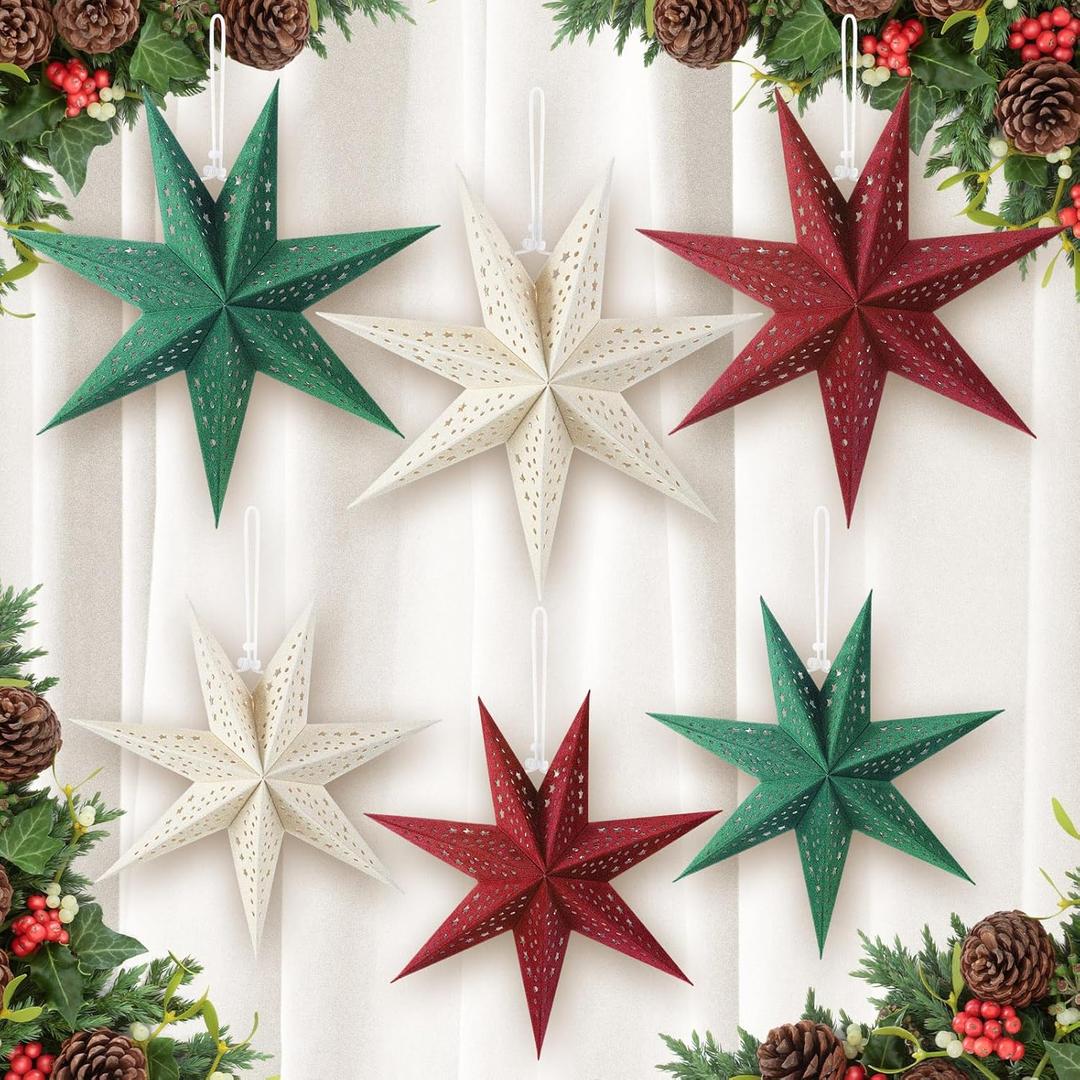 ReliThick 6 Pcs Velvet Christmas Paper Star Lanterns 18/12 Inch Flocked 7 Pointed Christmas Hanging Lamp Paper Ornament Decorations for Xmas Party Indoor Door Window(Red, Green, White)