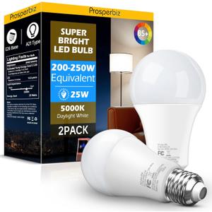 200-250 Watt Equivalent LED Light Bulb, A21 Super Bright LED Light Bulbs 25W, High Output 3050 Lumens, E26 Daylight White 5000K for Home, Office, Store, Garage, Warehouse, Garden, 2-Pack