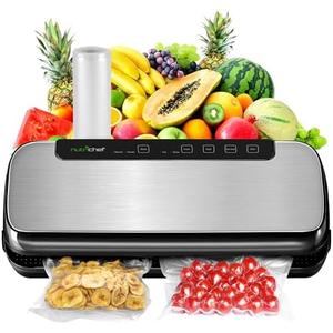 NutriChef Food Vacuum Sealer Machine, Stainless Steel Automatic Air Sealing System for Dry/Moist Foods, LED Touch Controls, Includes Vacuum Hose, Bag Roll and Stopper, 110W Suction Power, 14"x6"