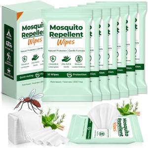 70 Count Natural Mosquito Repellent Wipes, Portable Travel-Size Insect Bug Repellent Wipes in Resealable Pouches, 10 Wipes per Pack, for Camping, Hiking, Travel, Patio Outdoor Protection