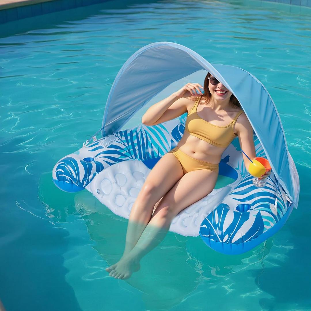 Pool Float for Adults with Canopy, XL Inflatable Chair Lounge Floaties with Adjustable Sun Shade Cover, Drink Holder, Ergonomic Headrest