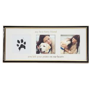 MIMOSA MOMENTS Pet Pawprint Brass-tone Plating Metal Photo Frame with Black Enamel and Clean-Touch Ink Pad included, Pet Keepsake and Decor Display (Triple Openings, Brass & Black)