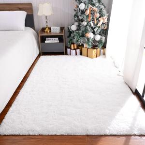 Maxsoft Fluffy Shag Bedroom Rug, Non-Slip Fluffy 4x6 Rug White Area Rugs for Living Room Nursery Bedside, Fuzzy Plush Dorm Rug for Girls Kids, Furry Carpet for Indoor Modern Soft Home Decor