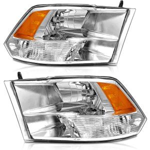 2009-2018 Dodge Ram Headlights Assembly for 2009-2018 Dodge Ram 1500, 2010-2018 Dodge Ram 2500/3500 Chrome Housing Amber Reflector Driver and Passenger Side (High & Low Beam (W/O Bulbs))