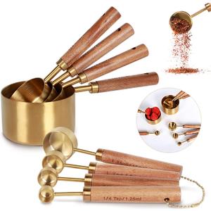 Collection 8 Piece Gold Measuring Cups Set and Measuring Spoons, Golden With fragrant wood Handles-Complete Set of Measure Cups and Spoons For Cooking and Baking.