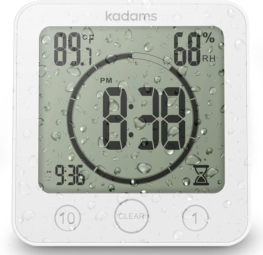 KADAMS Shower Clock Waterproof Bathroom Timer  Digital Wall Clock with Countdown, Magnetic Kitchen Clock with Temperature & Humidity, Suction Cup for Kids Shower Spa Sauna Cook Bath, White