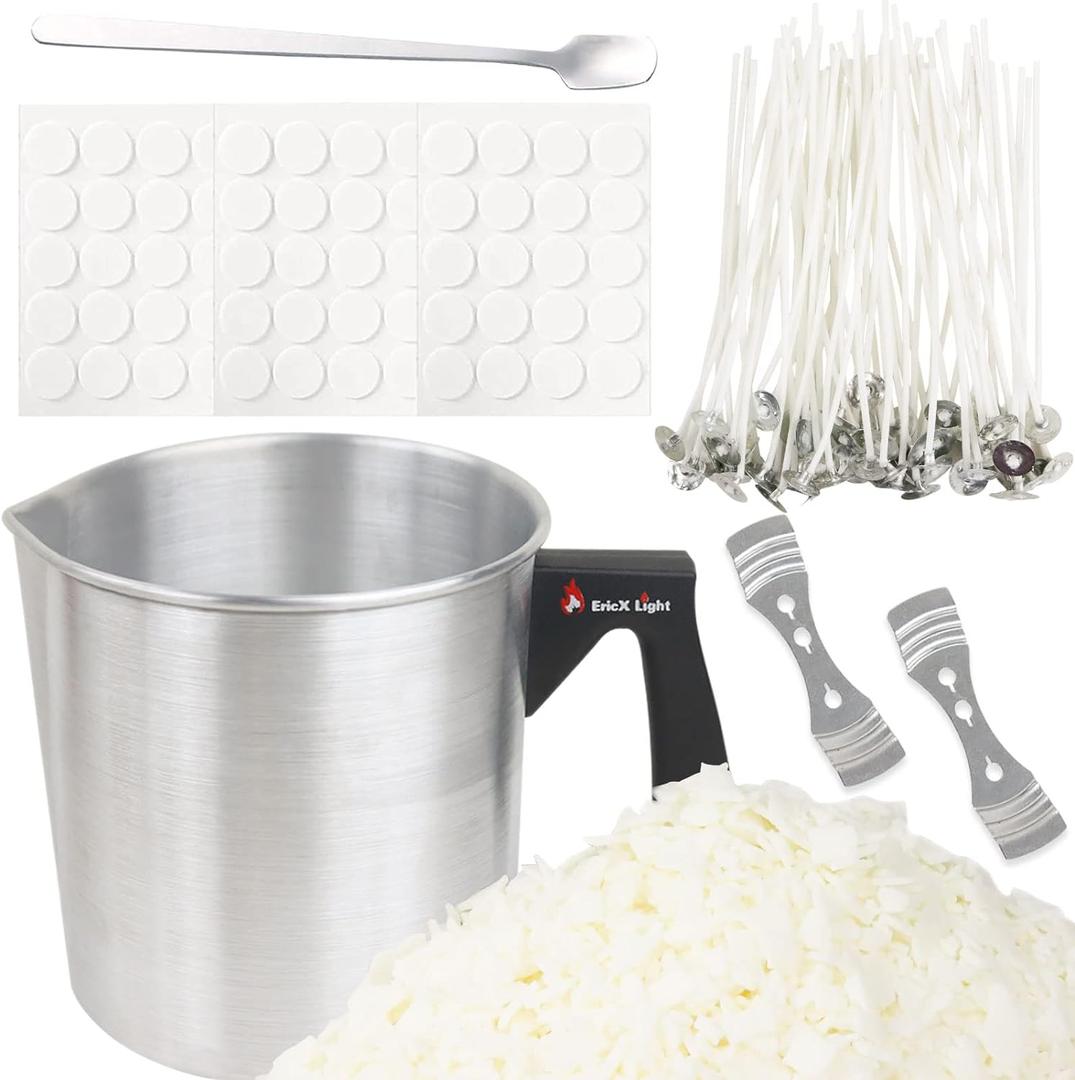 EricX Light Candle Making Kit, 60pcs Candle Wicks, 60pcs Candle Wicks Sticker, 16oz Soy Wax, 1pc Candle Wax Pouring Pot, 2pcs 3-Hole Wicks Centering Devices, 1pc Mixing Spoon, DIY Candles Craft Tools