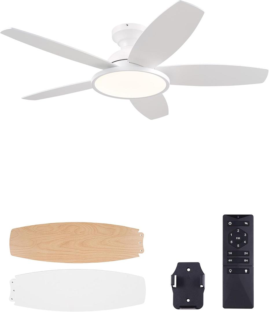 VONLUCE Ceiling Fans with Lights, 42 Inch Ceiling Fan and Remote, Full-spectrum LED Light, 3CCT, 6-Speeds Noiseless Reversible DC Motor, Modern Flush Mount Ceiling Fan for Farmhouse Bedroom Indoor (White)