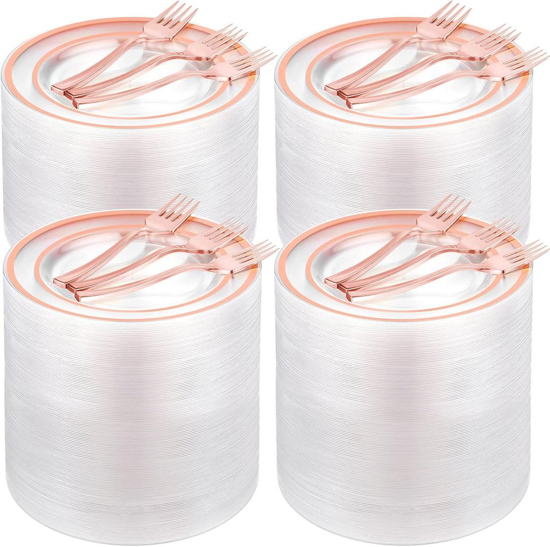 300 Pcs Rose Gold Plastic Dessert Plates Set 150 Clear Disposable Dessert Plates 6 Inch and 150 Plastic Appetizer Forks for Wedding Birthday Party Baby Bridal Shower(Rose Gold)