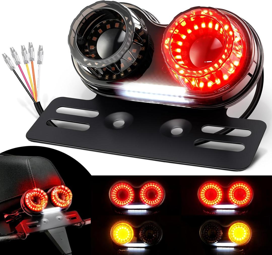 Benlari Upgraded Motorcycle Tail Light, 90LEDs Brake Lights, IP67 Waterproof Turn Signals Running with License Plate Bracket Fit for Street Bike Cruiser Chopper Bobber (Smoke)