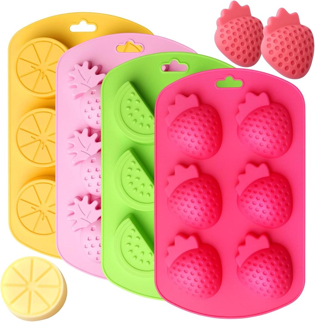 4-Pack Fruit Silicone Molds Set - Watermelon Strawberry/Lemon Pineapple Shapes Mold for Gummy, Chocolate, Jelly, Ice Cubes - Reusable Candy & Cake Decor Baking Tools