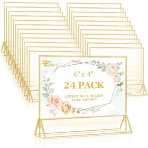 EHWINE 24 Pack Acrylic Sign Holder 4 x 6 Horizontal, Double-Sided Stand up Table Top Sign Holders, Gold Acrylic Picture Frame Menu Flyer Paper Holder Display Stand for Office Business Store Wedding Party