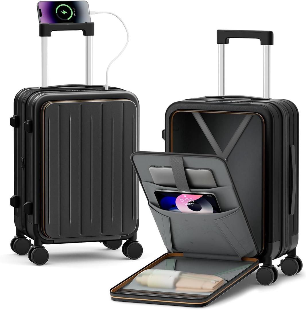 20 Inch Expandable Carry on Luggage Airline Approved with Front Pocket | Hardshell Suitcase, Cup Holder, Laptop Compartment, USB Charging Port, Brake Spinner Wheels, TSA Lock for Travel