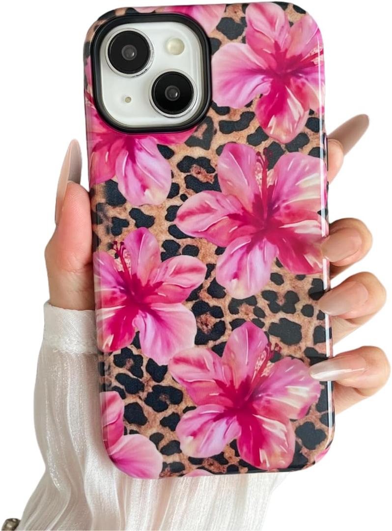 Longlayss Compatible for iPhone 13 Case Flower Cheetah Phone Case | Hibiscus Leopard Cheetah Print Phone Cover for Women Girl Shockproof TPU and Hard PC Protective Cover