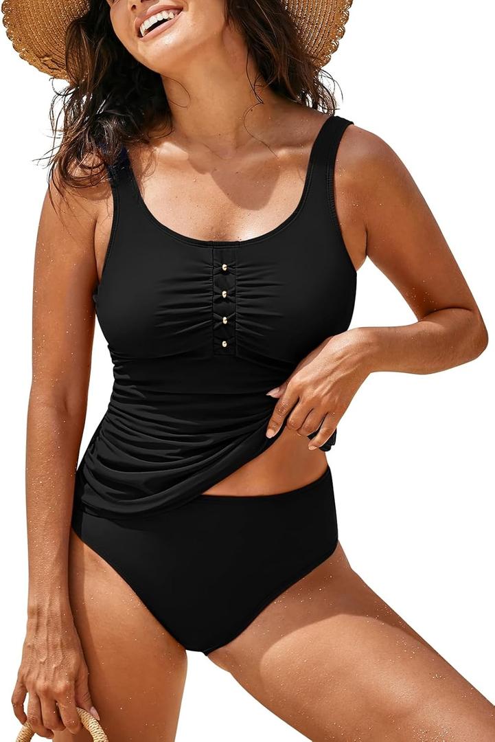 Pink Queen Tankini Swimsuit for Women Scoop Neck Ruched Tummy Control Bathing Suits 2025 (X-Large, Black)