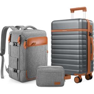 Luggage Sets 3 Piece, Carry On Luggage 20 Inch With Spinner Wheels,PC Hardside Suitcase Set with TSA Lock,Durable Carry On Suitcase With Travel Backpack for Men (Grey, 3 piece set (20inch))