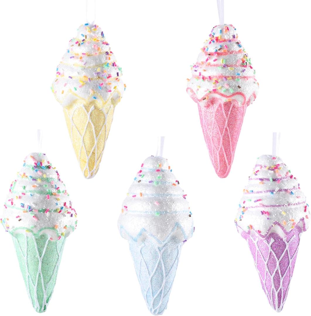 Assorted Ice Cream Ornaments, 5pcs 6' Foam Pastel Hanging Christmas Tree Mini Dessert Ornaments for Xmas Decoration